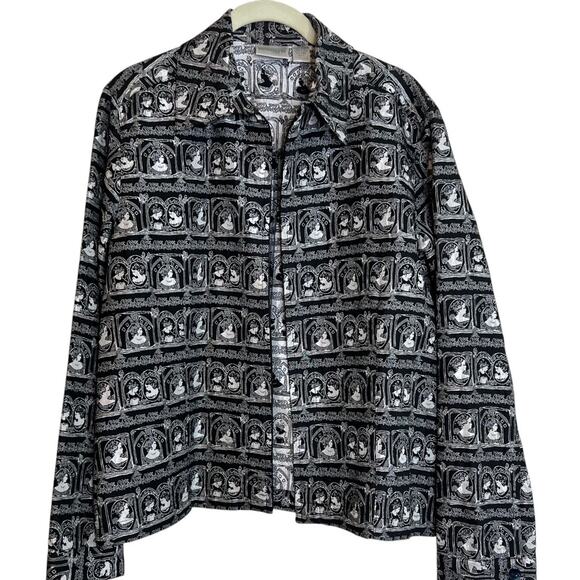 Chicos Womens Silk Blend Jacket Medium Black White Cameo Print Broken Zipper - Picture 1 of 6